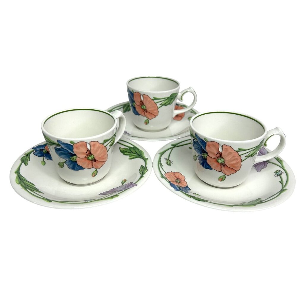 Villeroy & Boch Amapola Set Of‎ 3 Tea Cups & Saucers Vitro Porcelain Floral